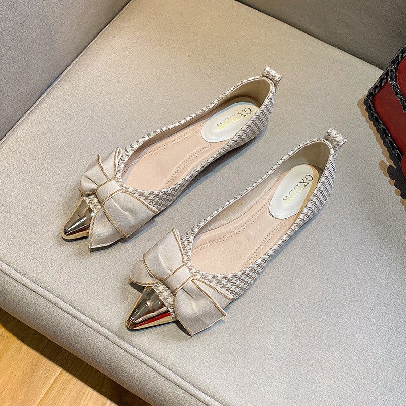 Houndstooth kim loại mũi nhọn giày đơn nữ 2021 mới hương thơm nhỏ bowknot bốn mùa phù hợp tất cả các phù hợp giày cạn mi