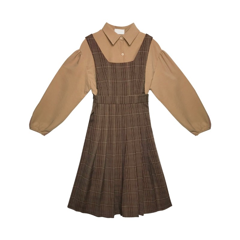 (HÀNG SẴN) Set váy yếm kẻ sọc xếp ly + áo sơ mi da lộn thu đông Hàn Quốc | BigBuy360 - bigbuy360.vn