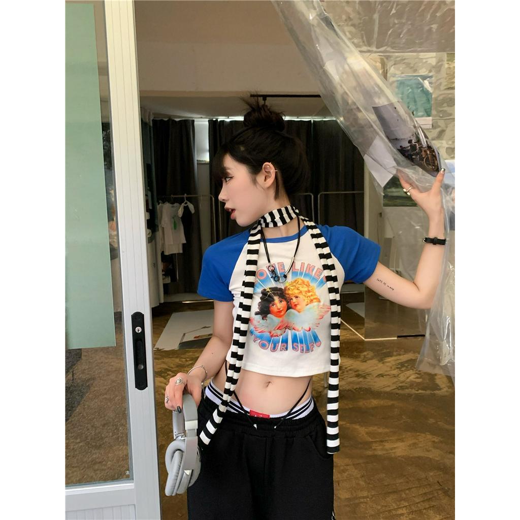 Áo Thun Dáng Ôm Ngắn Tay In Thiên Thần Màu Sắc Tương Phản Thời Trang Cá Tính 62810