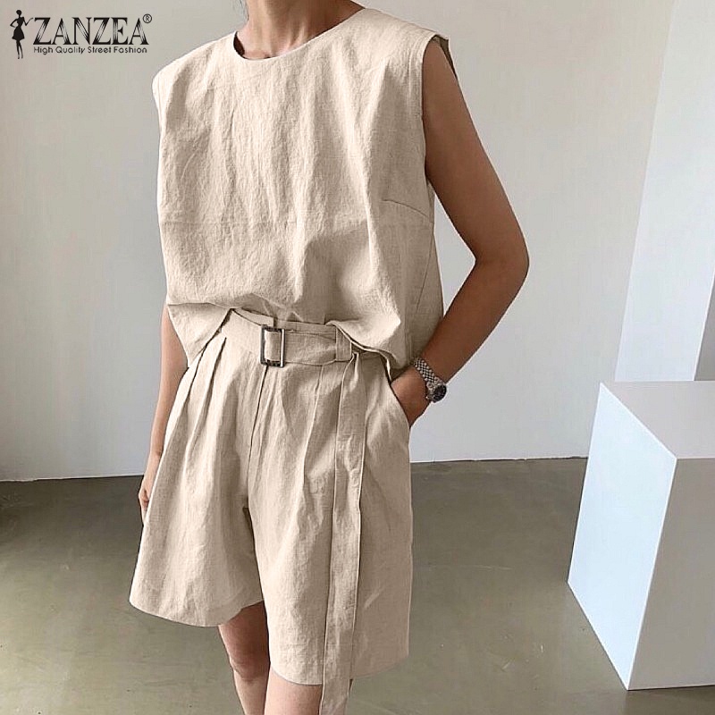 Set áo sát nách Zanzea cổ tròn + quần short lưng thun thời trang Hàn Quốc cho nữ