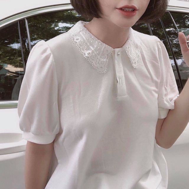 Sơ mi nút ngọc cổ ren