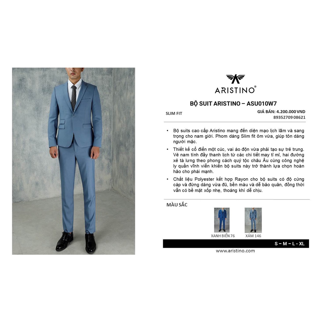 Bộ suit nam Aristino ASU010W7 kiểu dáng trẻ trung ôm vừa tôn dáng