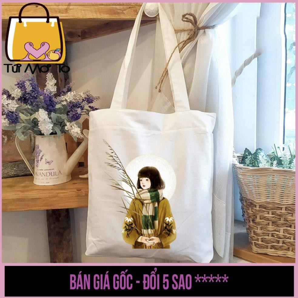 Úi tote, túi vải canvas VUÔNG, có khóa kéo in hình Cô Gái TÓC NGẮN - Túi Mơ Tro store