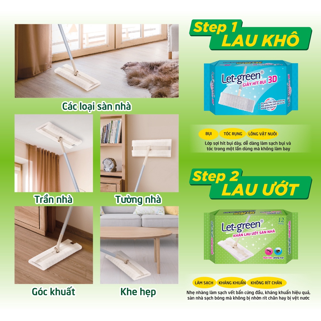 {MUA 1 BỘ TẶNG 1 BỘ} BỘ CÂY LAU NHÀ ĐA NĂNG LET-GREEN ĐUỔI KIẾN PHÒNG MẠT