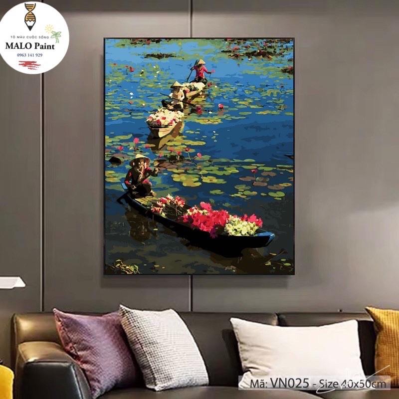 Tranh sơn dầu số hoá tự tô màu Tranh phong cảnh Việt Nam Mùa hoa súng