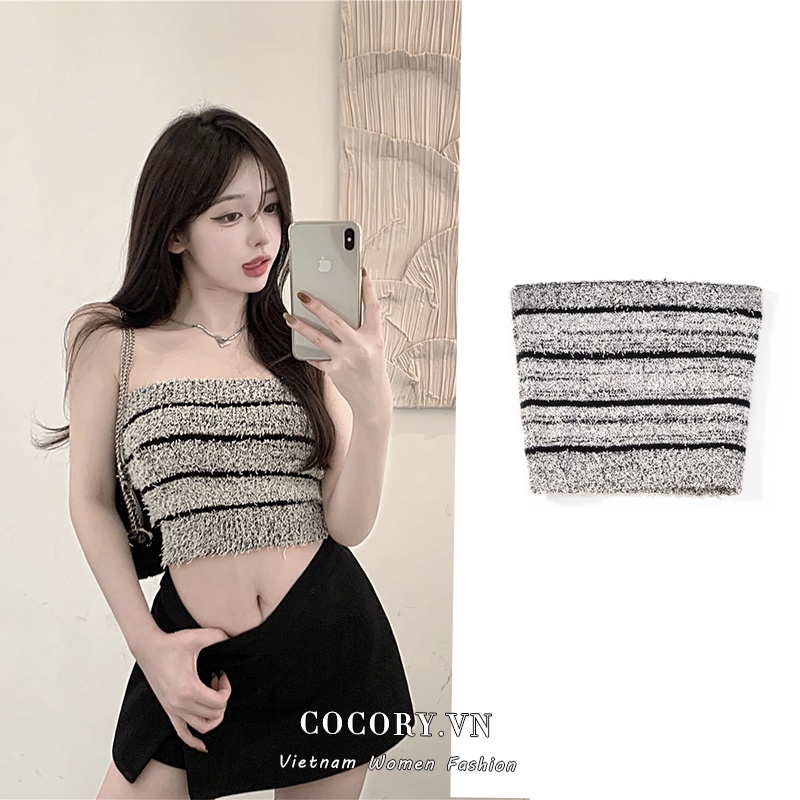 Cocory vn Áo Croptop Dệt Kim Kẻ Sọc Trễ Vai Quyến Rũ Thời Trang Mùa Hè Cho Nữ