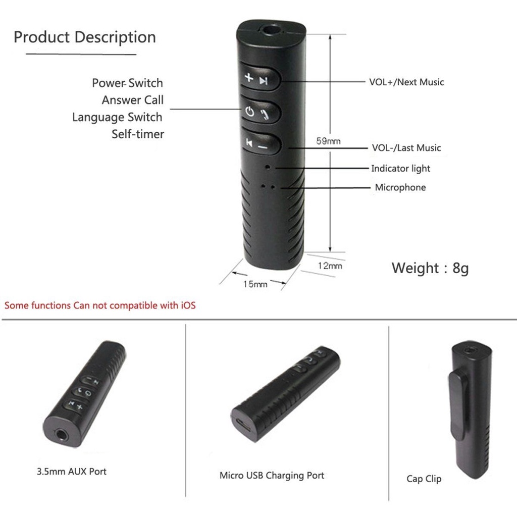 Đầu chuyển đổi âm thanh VIRWIR không dây bluetooth giắc cắm AUX hỗ trợ rảnh tay thích hợp cho điện thoại di động