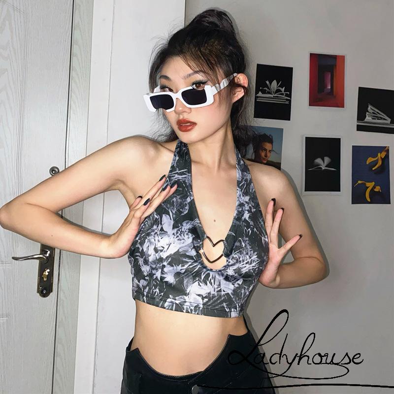 Áo hai dây hở lưng có vòng kim loại in họa tiết trừu tượng thời trang cho nữ