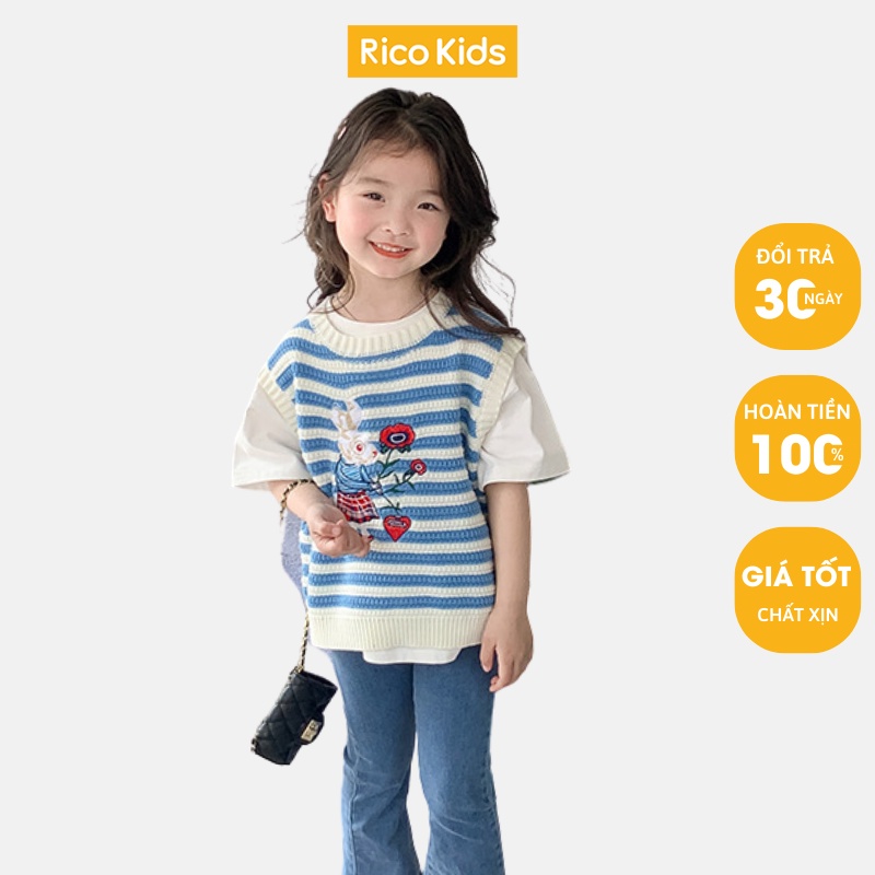Áo gile len đan cho bé gái từ 8-30kg thêu hình thỏ và hoa phong cách sang chảnh giá tốt chính hãng Ambb Kids mã T025