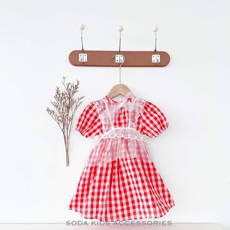 Váy kẻ đỏ kèm voan cho bé gái (Ảnh thật)
