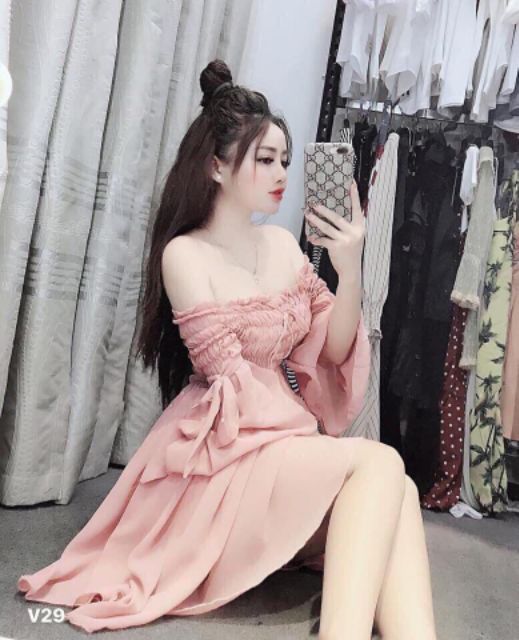 Đầm tiểu thư nhún nơ tay loe ảnh thật 100%