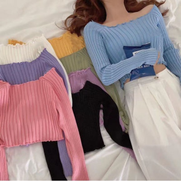 SUXI Áo dệt kim nữ tay dài bẹt vai phong cách Hàn Quốc