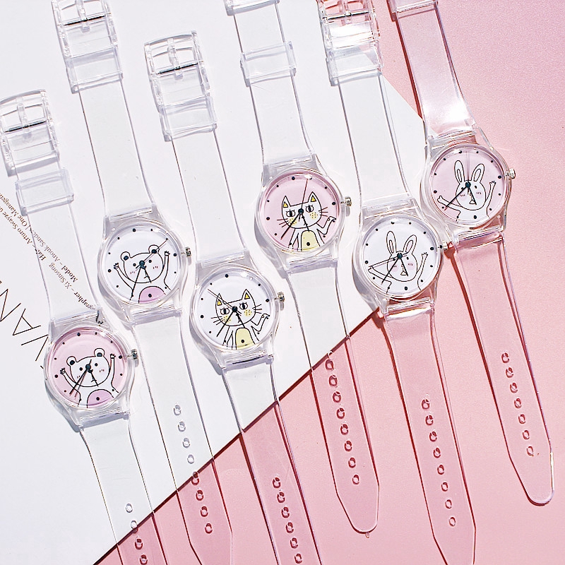 Đồng hồ nữ dây nhựa trong mặt hình động vật dễ thương
