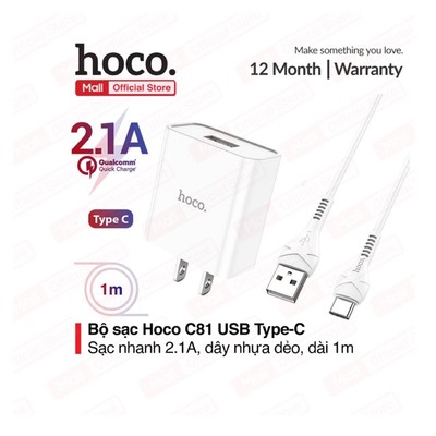 Bộ sạc PD10.5W Hoco C81/C106 USB Type-C , thích hợp nhiều dòng Samsung/Huawei/Xiaomi..., dây nhựa dẻo, dài 100c