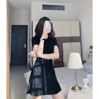 Đầm Thun Gân Cổ tròn Dáng xòe Basic 2 Màu Đen Đỏ 1430