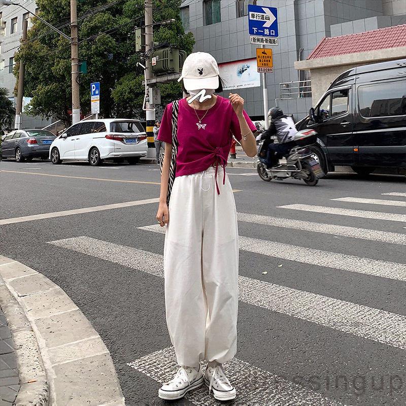 Quần dài ống rộng màu trơn có túi thiết kế rút dây thời trang năng động cá tính cho nữ