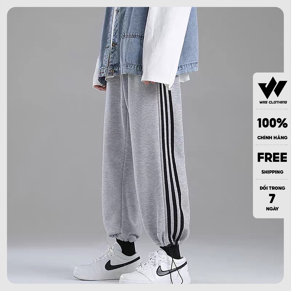 Quần jogger ống rộng unisex WIIS Bó Chun dây rút basic 3 Sọc nam nữ oversize ullzang