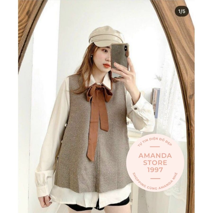 {Amanda}Set áo sơ mi dài tay kèm yếm nâu cổ sen buộc nơ thời trang chất dày dặn. Có thể tách rời 2 sản phẩm