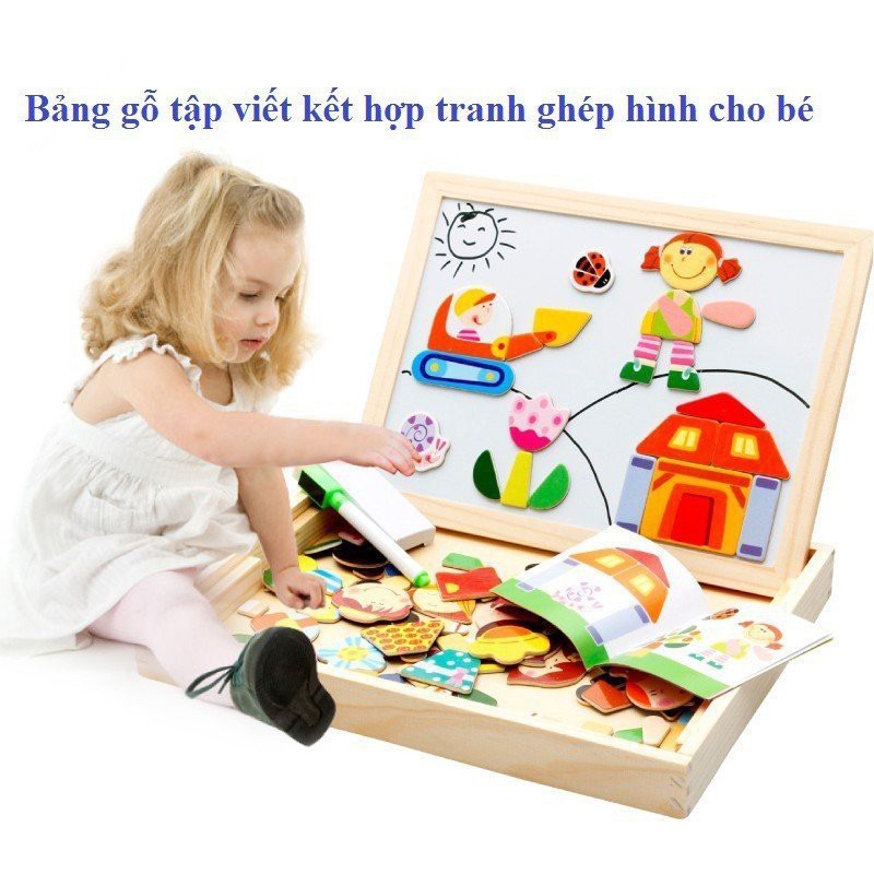 Bảng HAPPY FARM gỗ tập viết kết hợp tranh ghép hình có nam châm cho bé