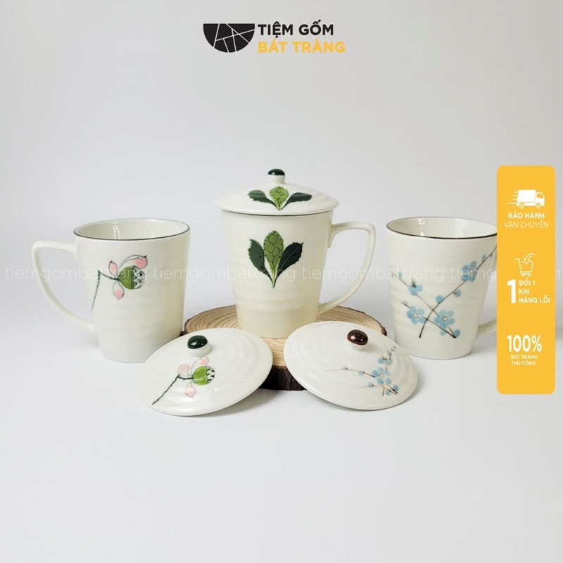 Cốc Sứ Uống Nước Có Nắp Có Tay Cầm Men Kem Vẽ Tay Pha Trà Cà Phê 350ML Gốm Sứ Bát Tràng Cao Cấp