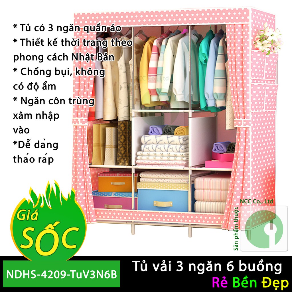 Tủ vải 3 ngăn 6 buồng phù hợp cho gia đình trẻ - sinh viên ở trọ - NDHS-4209-TuV3N6B (Nhiều màu ngẫu nhiên)