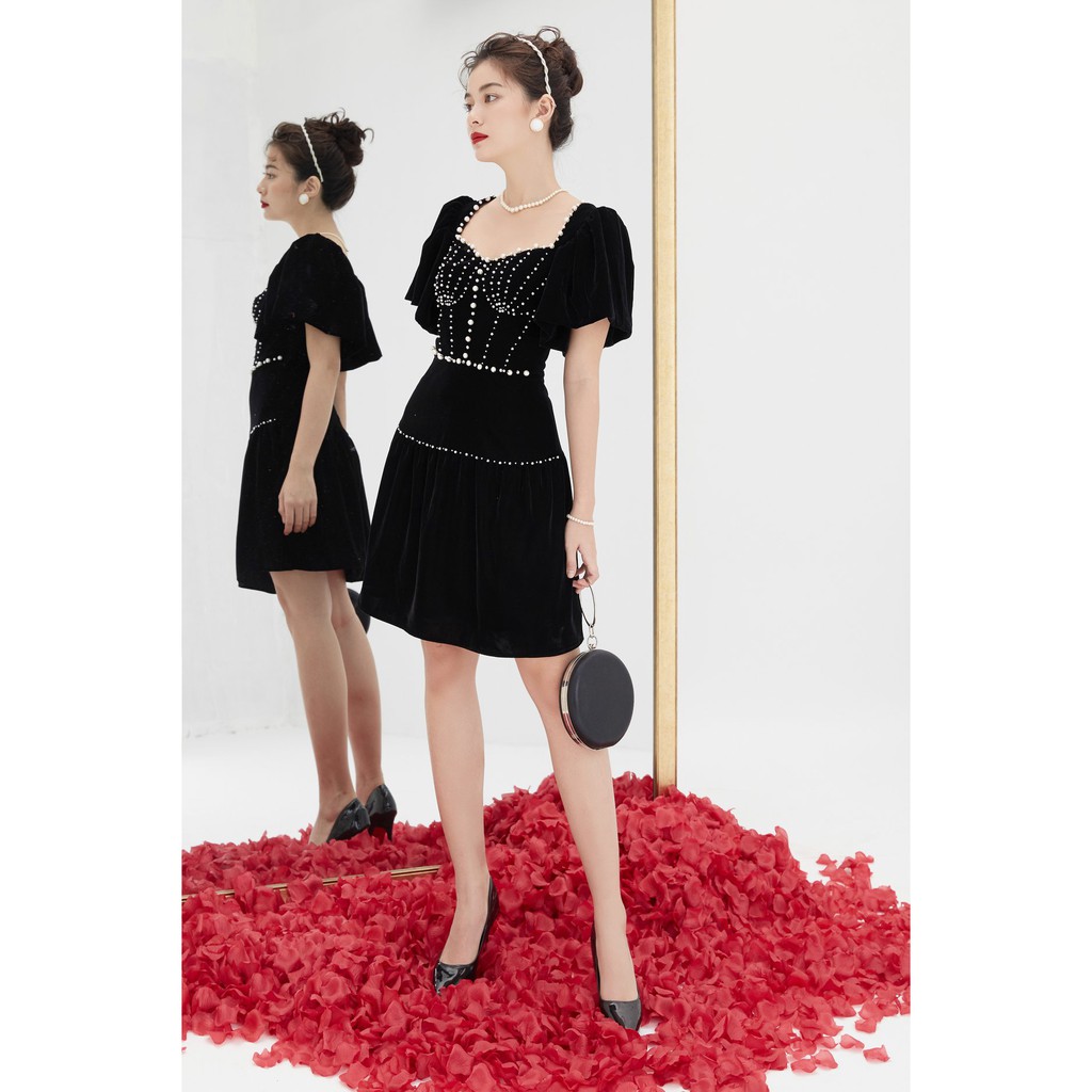 Đầm xoè thiết kế cao cấp tay lỡ cổ U nhung đính ngọc sang trọng trẻ trung dạo phố đi tiệc - ANGELICA PEARL - LEBAOHAN