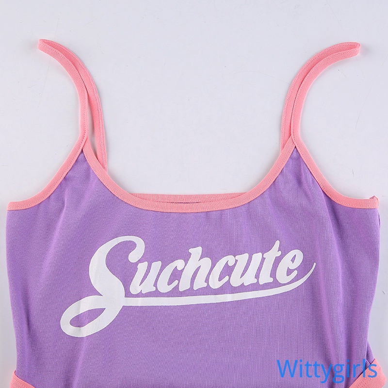 Wittygirls_shop | Jumpsuit hai dây in chữ phối màu tương phản quyến rũ cho nữ