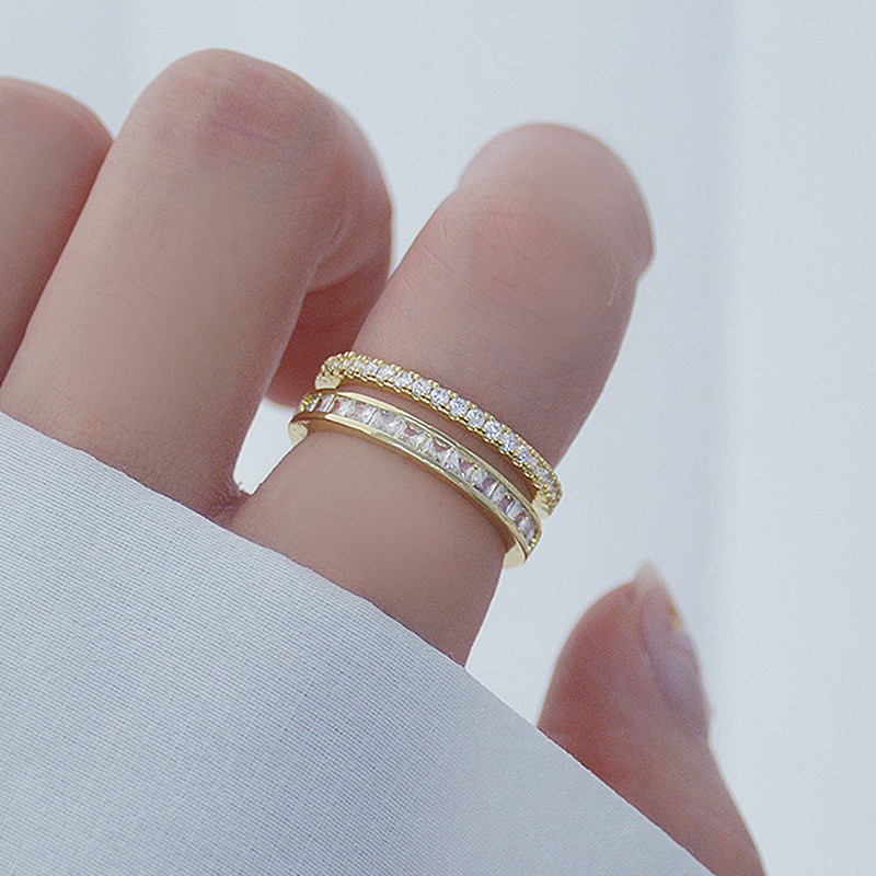 Nhẫn hở hai lớp mạ vàng thật 14k đính đá zircon có thể điều chỉnh cho nữ