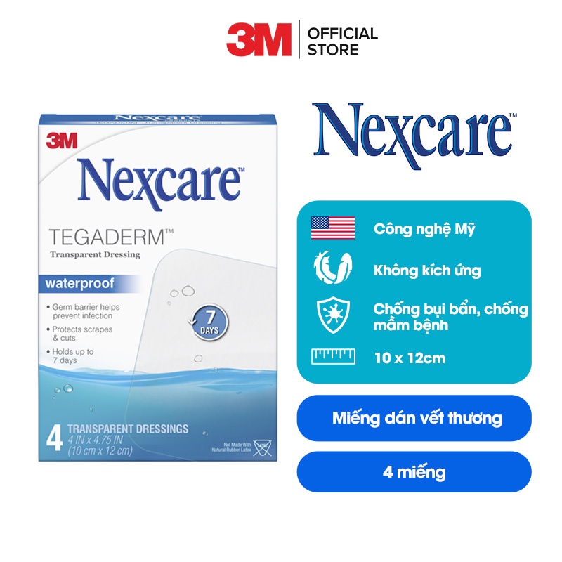 Miếng dán vết thương trong suốt Tegaderm Nexcare 3M 10x12cm hộp 4 miếng - Keo dính cao cấp, chống thấm nước H1626