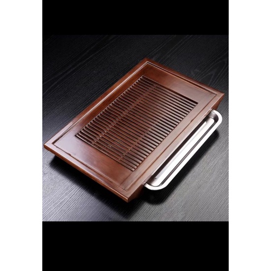 khay trà gỗ hình chữ nhật zai lớn 54×37cm có học chứa nước thừa bằng inox 304 không rỉ tặng xúc trà bằng tre cao cấp