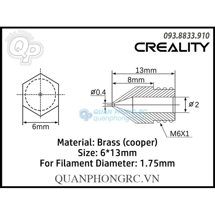 Đầu Đùn Nhựa Creality Máy In 3D 1.75mm - 0.4mm Brass Printer Nozzle (1 Cái)