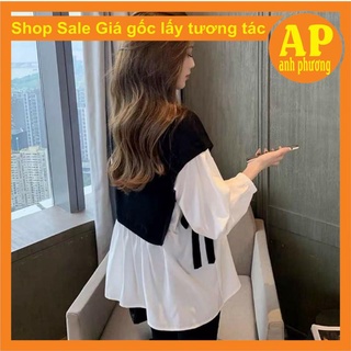 Áo phối vạt sơ mi nơ ep có ảnh thật sp