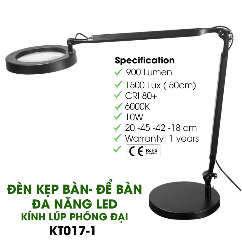 Đèn Bàn & Kẹp Đa Năng LED + Kính Lúp To KT017-1. Cao - To - Sáng, Thân Hợp Kim Nhôm Sơn Tĩnh Điện Chắc Chắn.