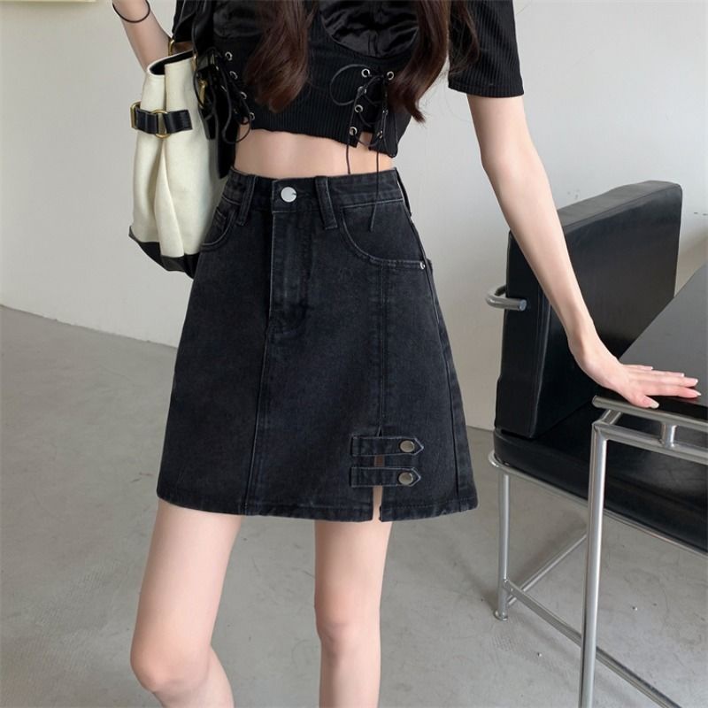 Jiashucheng Chân Váy Denim Ngắn Lưng Cao Dáng Ôm Xẻ Tà Thời Trang Mùa Hè Mới Cho Nữ