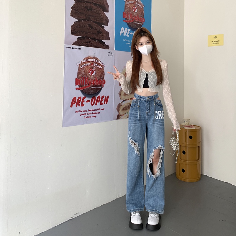 Quần jean dài ống rộng thiết kế rách lỗ thời trang dành cho nữ