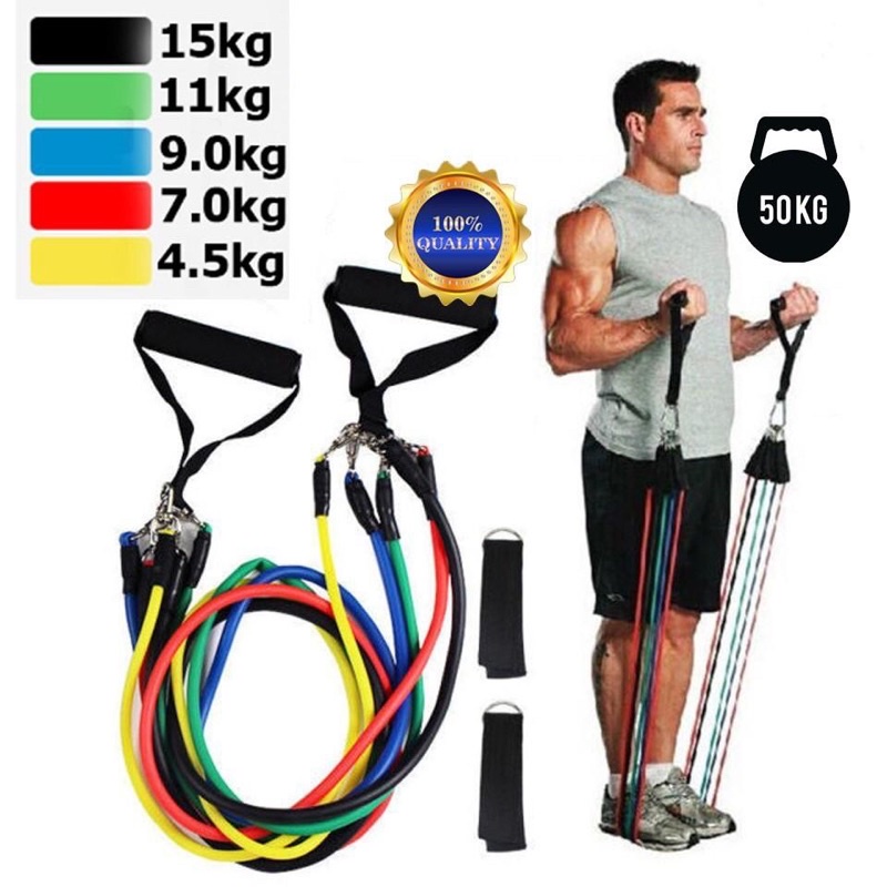 Bộ Dây Tập Gym Ngũ Sắc Đàn Hồi Kháng Lực Cao Cấp 11 Món, đàn hồi tập thể hình, tập kháng lực tại nhà tiện lợi !
