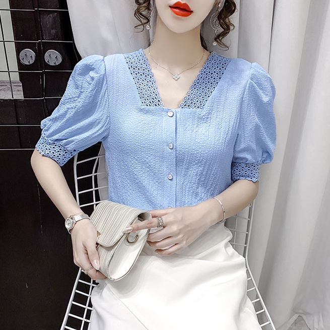 Áo Sơ Mi Chiffon Tay Phồng Màu Tím Phong Cách Hàn Quốc Thanh Lịch Thời Trang Mùa Hè Cho Nữ Mới