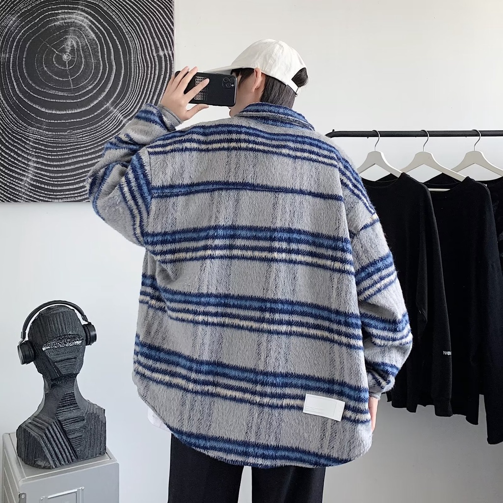 Áo Sơ Mi Lông Cá Tính Vintage Unisex Peony_boutique 👉  Cổ Bẻ Bo Dài Tay Khóa Zip Cá Tính Nam Nữ