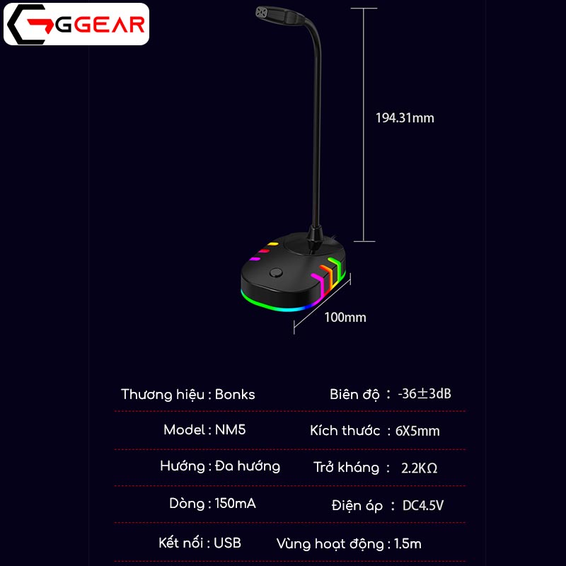 Micro thu âm Ggear MNS5 led rgb chống ồn lọc nhiễu âm thanh chân thực livestream học online đàm thoại trực tuyến gaming