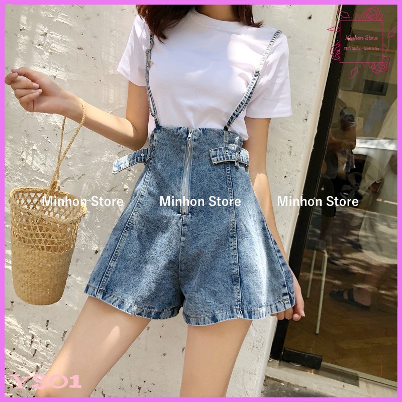 Yếm Bò, Quần Short Yếm Jean Nữ 2 Dây Có Đai 2 Bên Hông Trẻ Trung Hách Tuổi (Minhon YS01)