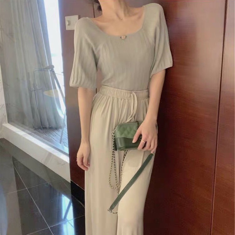 Áo dệt kim tay ngắn phồng cổ vuông phong cách retro Pháp