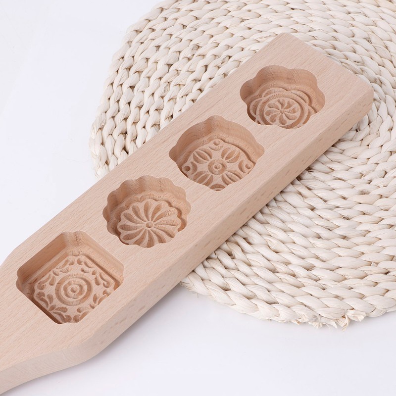 Khuôn Gỗ Làm Bánh Trung Thu / Xà Phòng / Bánh Trung Thu / Bánh Quy / Socola Hình Hoa 4 Ngăn Diy