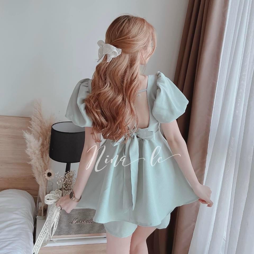 Sét bộ đồ nữ áo bánh bèo thiết kế thắt nơ sau cực kì dễ thương phối quần ống rộng 3 màu trắng , xanh và hồng xinh