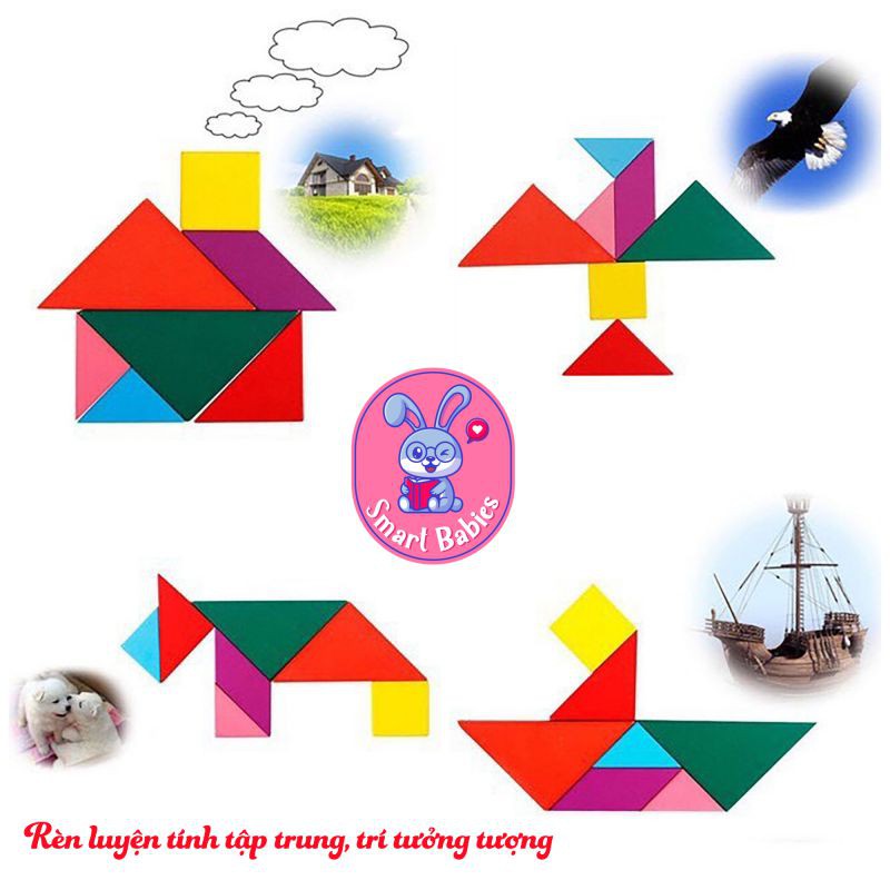 Đồ chơi trí uẩn Tangram 12x12cm, đồ chơi xếp gỗ montessori thông minh trí tuệ cho bé