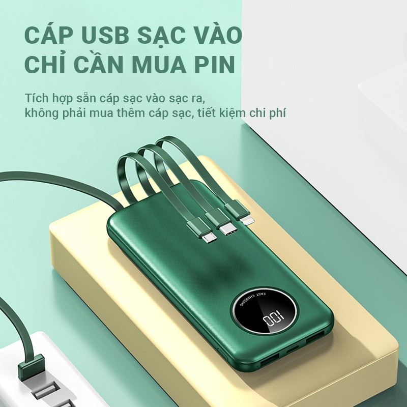 Pin sạc dự phòng 15000mAh tích hợp sẵn cáp sạc Cát Thái YM-343 hỗ trợ sạc nhanh 2.1A, 4 cáp USB/Micro/Type-C/Lightning