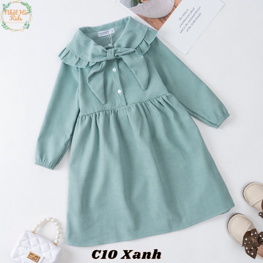 Váy bé gái thu đông C10 size đại từ 12-43kg tay dài bo chun cổ thắt nơ dáng xòe công chúa