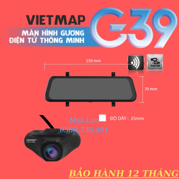 Camera Hành Trình Ô Tô VIETMAP G39 - Màn Hình Gương Điện Tử, Cảnh Báo Bằng Giọng Nói, Ghi hình Trước & Sau Full HD 1080P