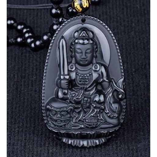 [TO] Mặt dây chuyền Phật Bản Mệnh Văn Thù Bồ Tát Obisidian size 5cm x 3cm tuổi Mão tặng dây đeo free