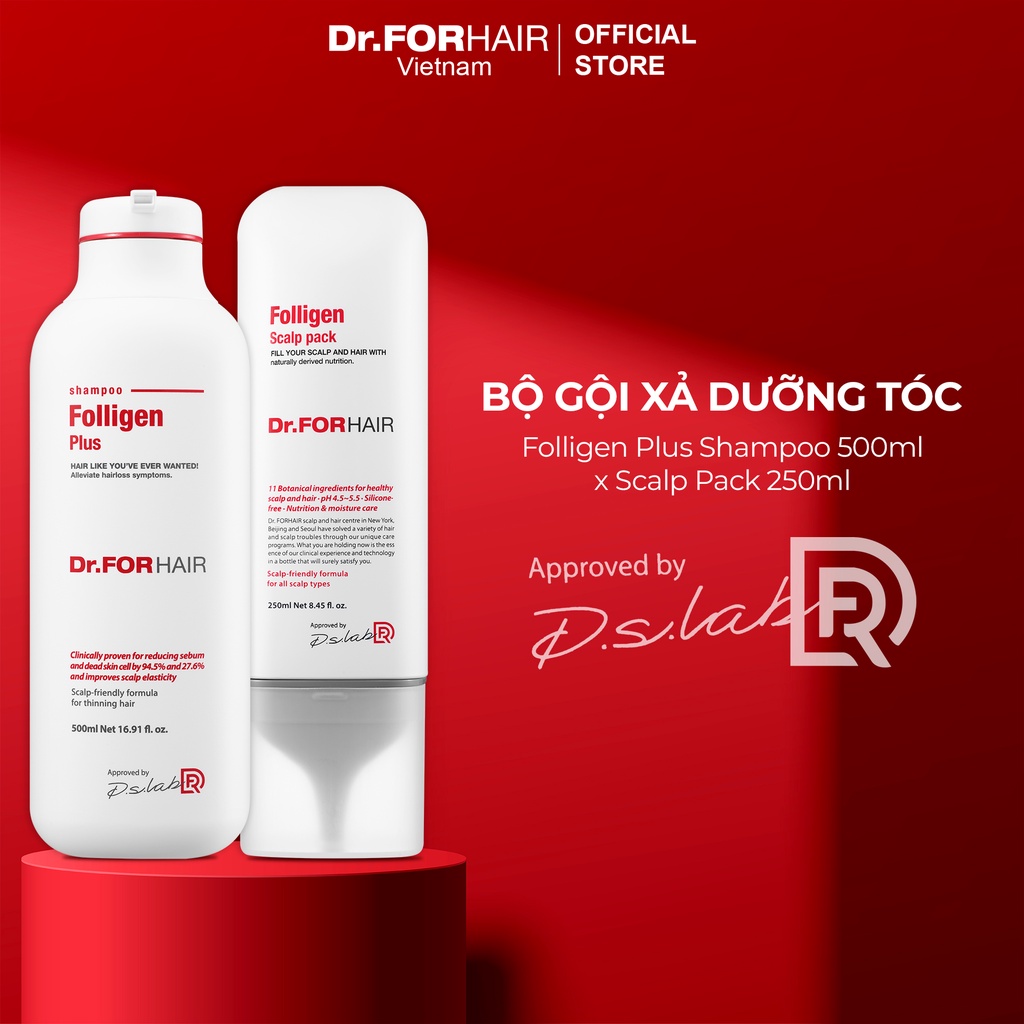 Bộ gội xả dưỡng tóc giảm gãy rụng hỗ trợ mọc tóc và giảm gàu Dr.FORHAIR Folligen Plus 500ml x Scalp pack 250ml