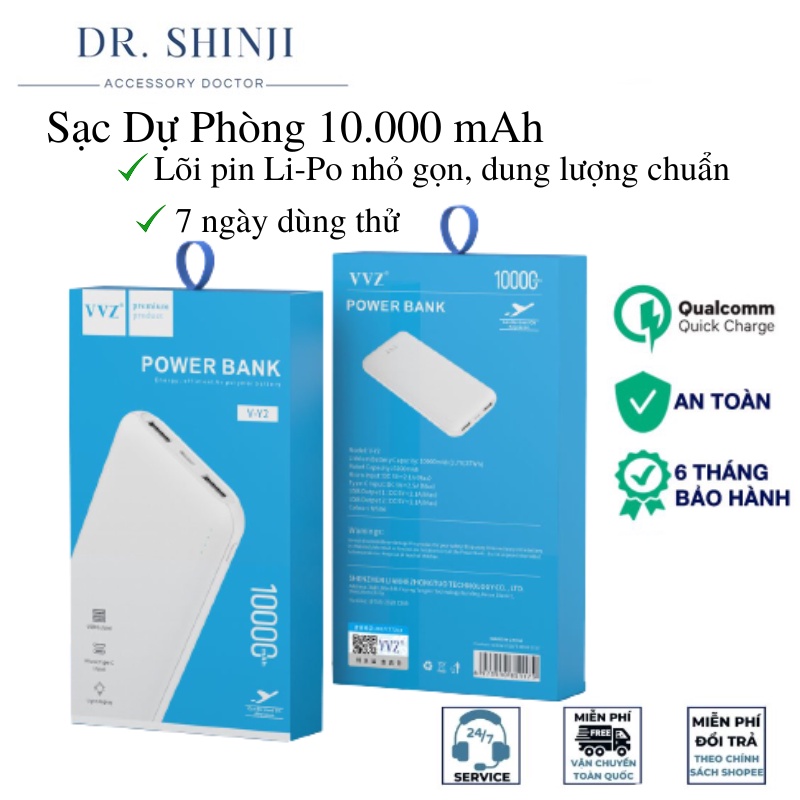 Sạc Dự Phòng Mini Dung Lượng 10000 mAh Chính Hãng VVZ Công suất 2.1A Lõi Pin POLIMER LITHIUM Chuẩn Dung Lượng